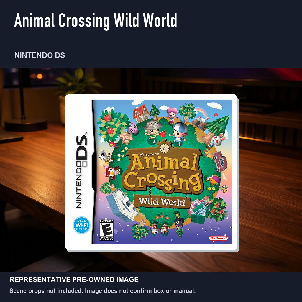 Representative pre-owned Animal Crossing Wild World (Nintendo DS), product image in a styled desk scene.