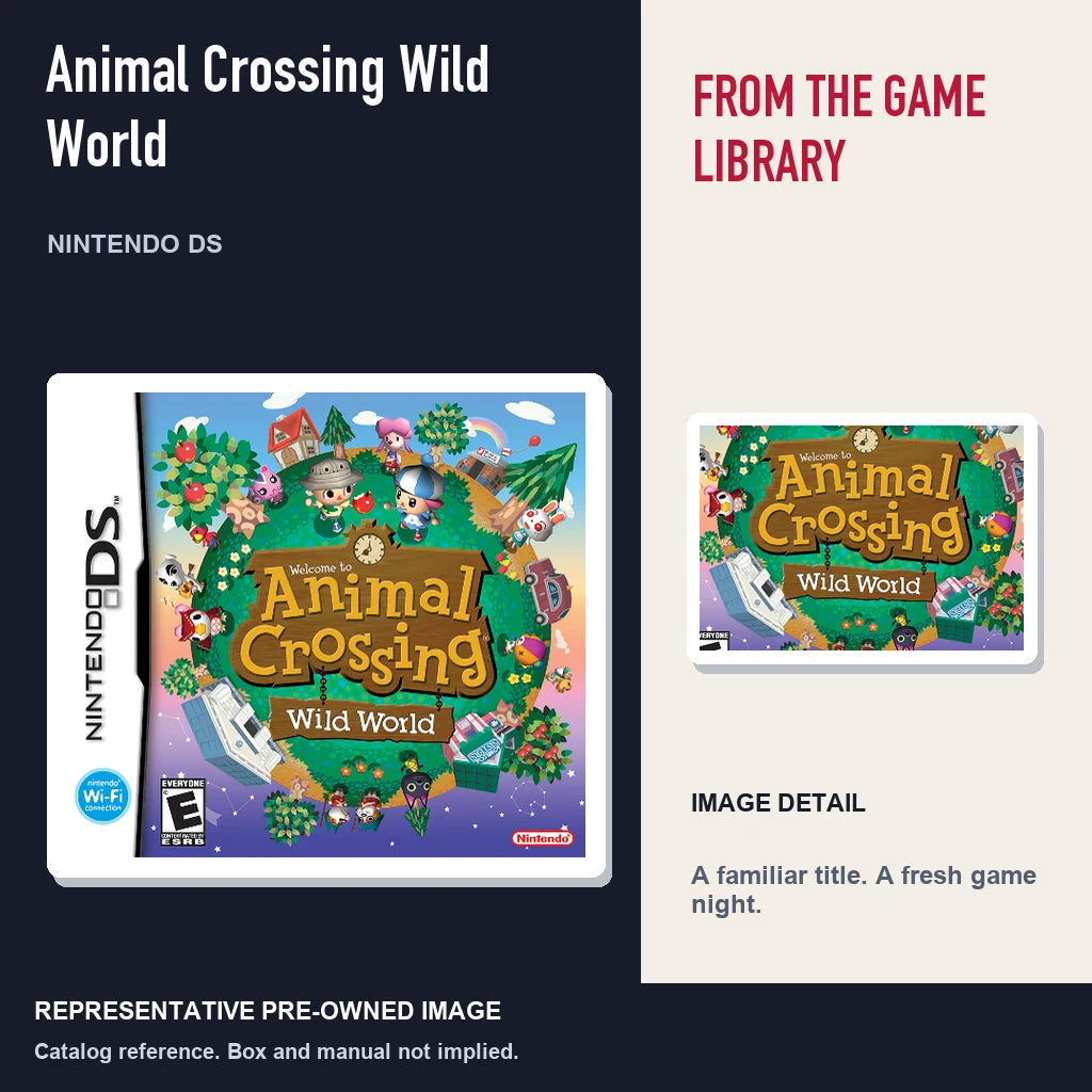 Representative pre-owned Animal Crossing Wild World (Nintendo DS), editorial image and detail.