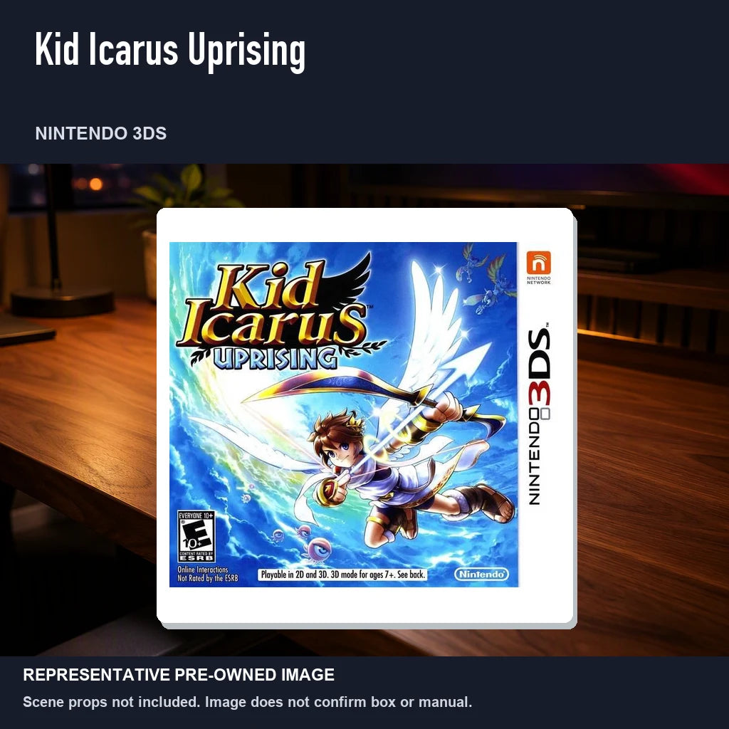 Representative pre-owned Kid Icarus Uprising (Nintendo 3DS), product image in a styled desk scene.