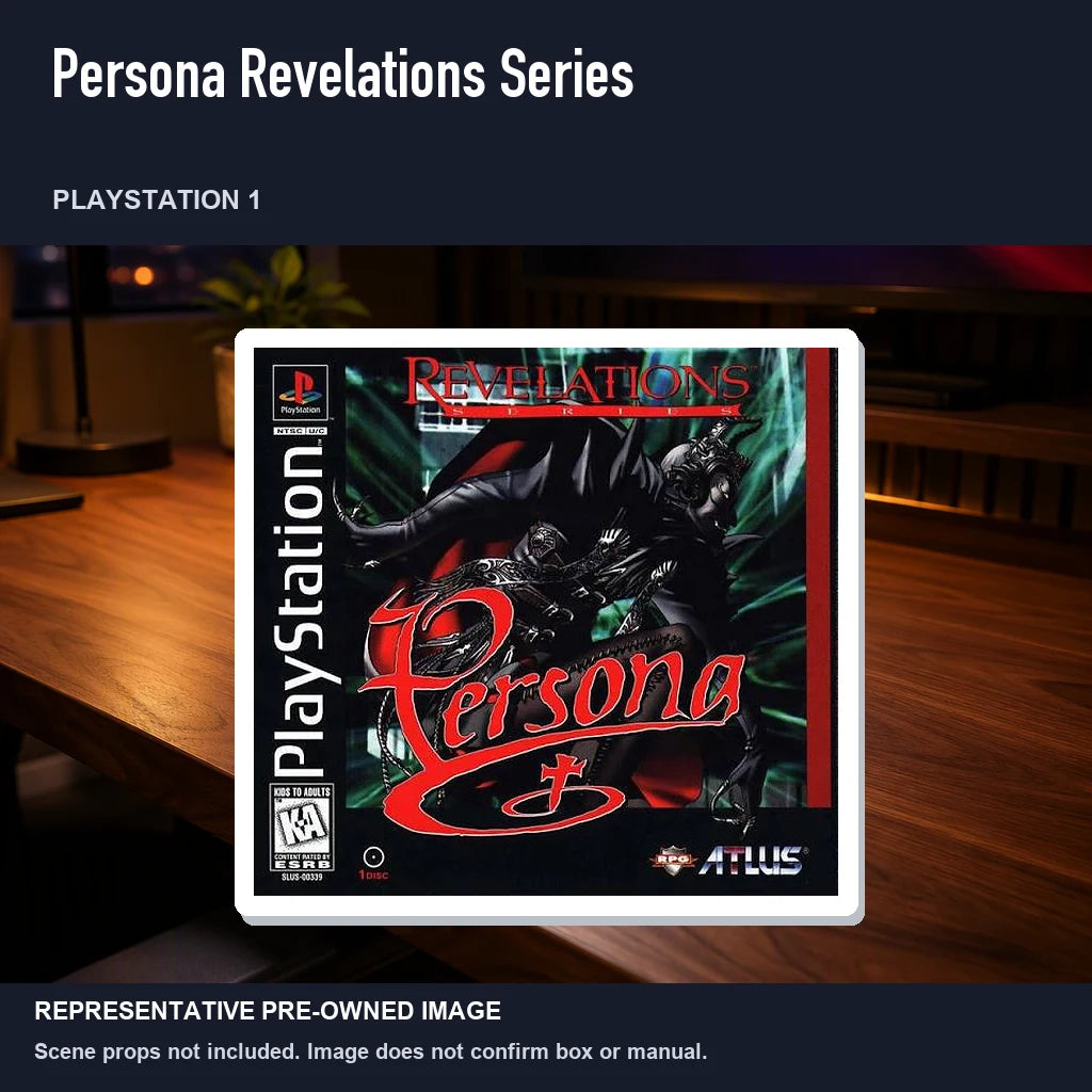 Representative pre-owned Persona Revelations Series (PlayStation 1), product image in a styled desk scene.