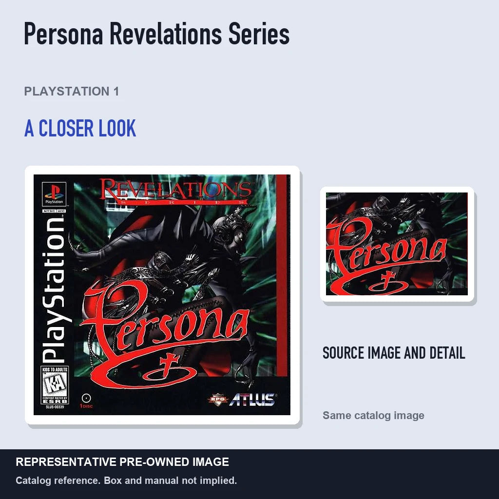 Representative pre-owned Persona Revelations Series (PlayStation 1), full image with detail inset.
