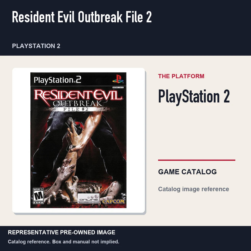 Representative pre-owned Resident Evil Outbreak File 2 (PlayStation 2), platform product layout.