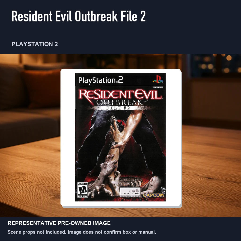 Representative pre-owned Resident Evil Outbreak File 2 (PlayStation 2), product image in a styled room scene.