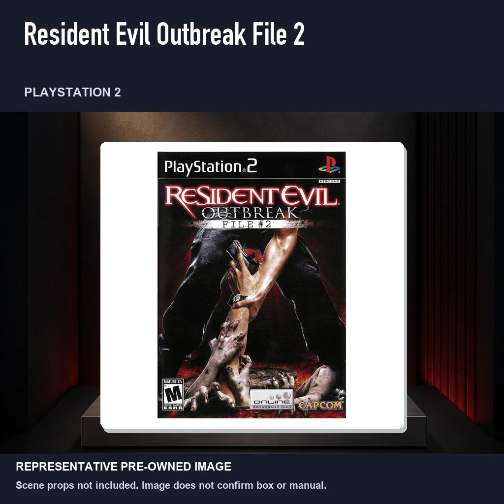 Representative pre-owned Resident Evil Outbreak File 2 (PlayStation 2), product image on a display panel.