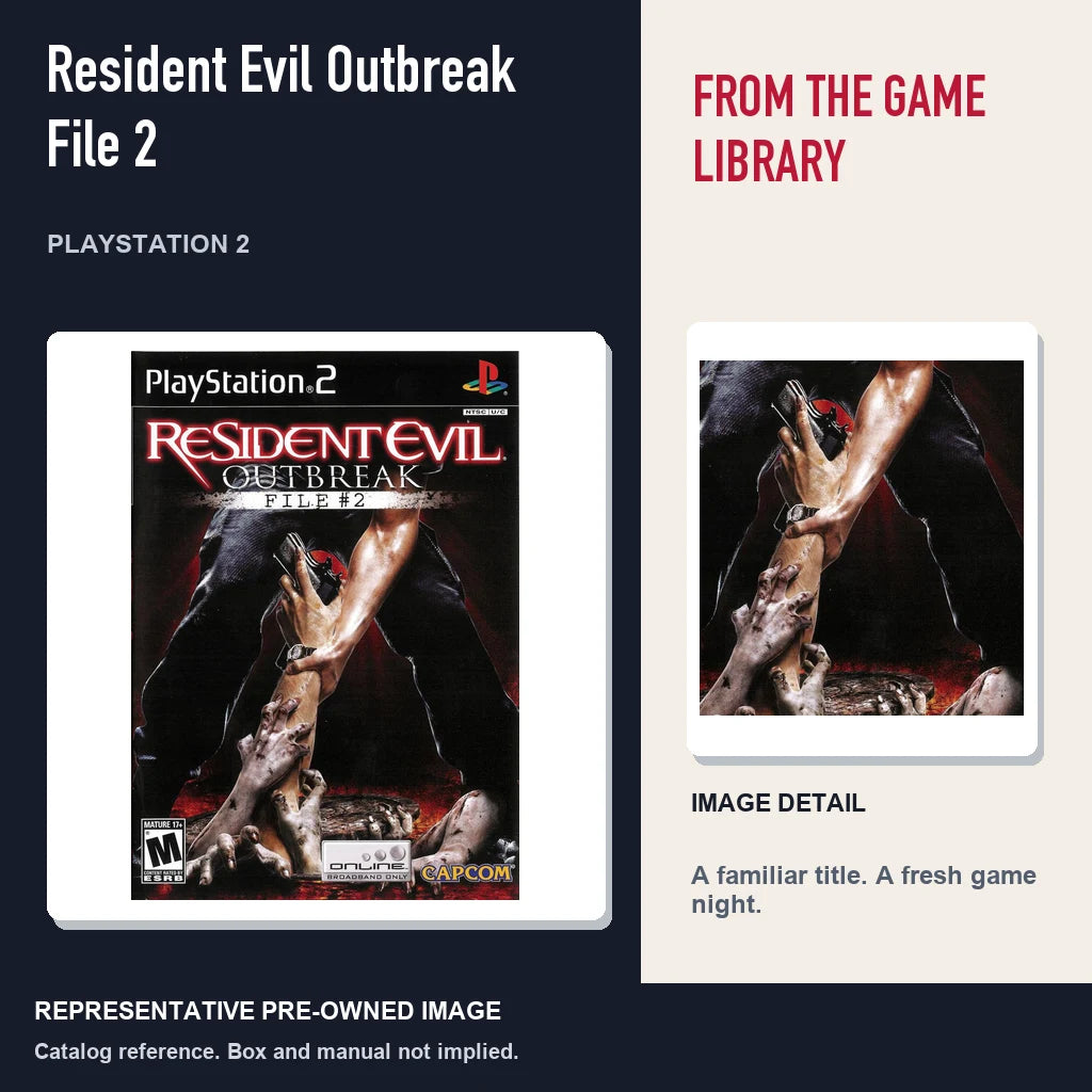 Representative pre-owned Resident Evil Outbreak File 2 (PlayStation 2), editorial image and detail.