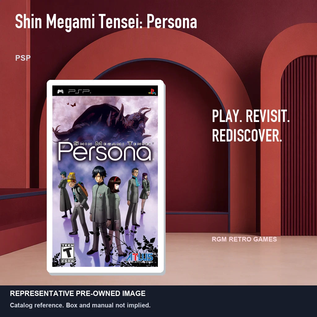 Representative pre-owned Shin Megami Tensei: Persona (PSP), red retro product layout.