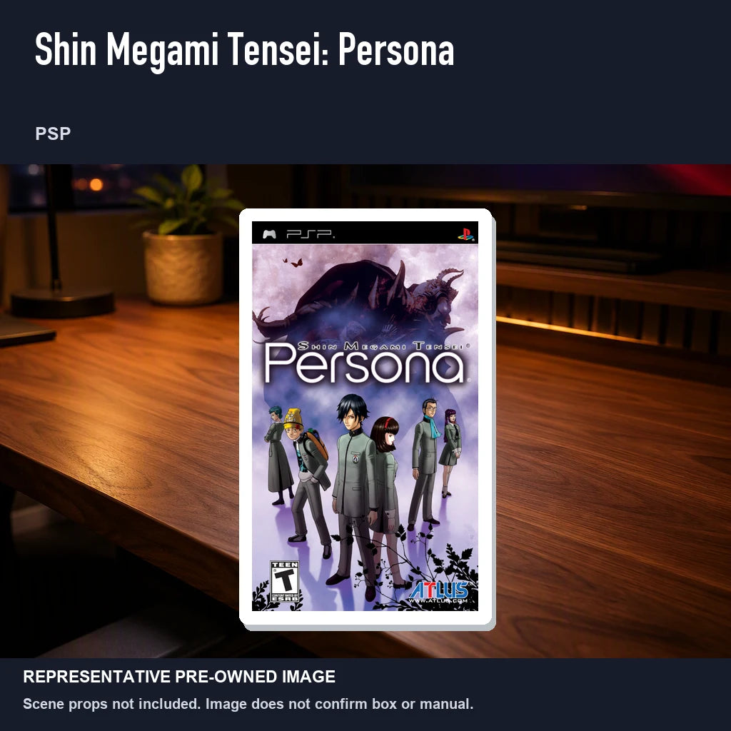 Representative pre-owned Shin Megami Tensei: Persona (PSP), product image in a styled desk scene.