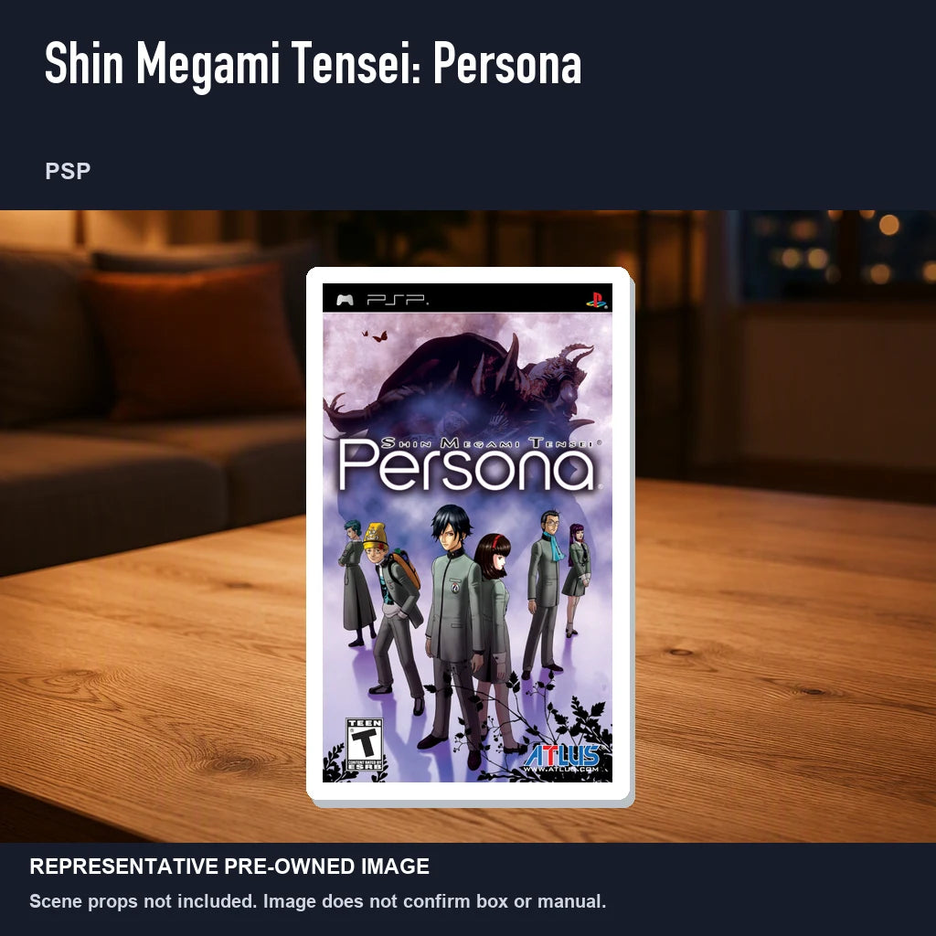 Representative pre-owned Shin Megami Tensei: Persona (PSP), product image in a styled room scene.