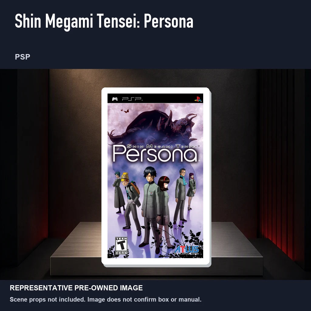 Representative pre-owned Shin Megami Tensei: Persona (PSP), product image on a display panel.