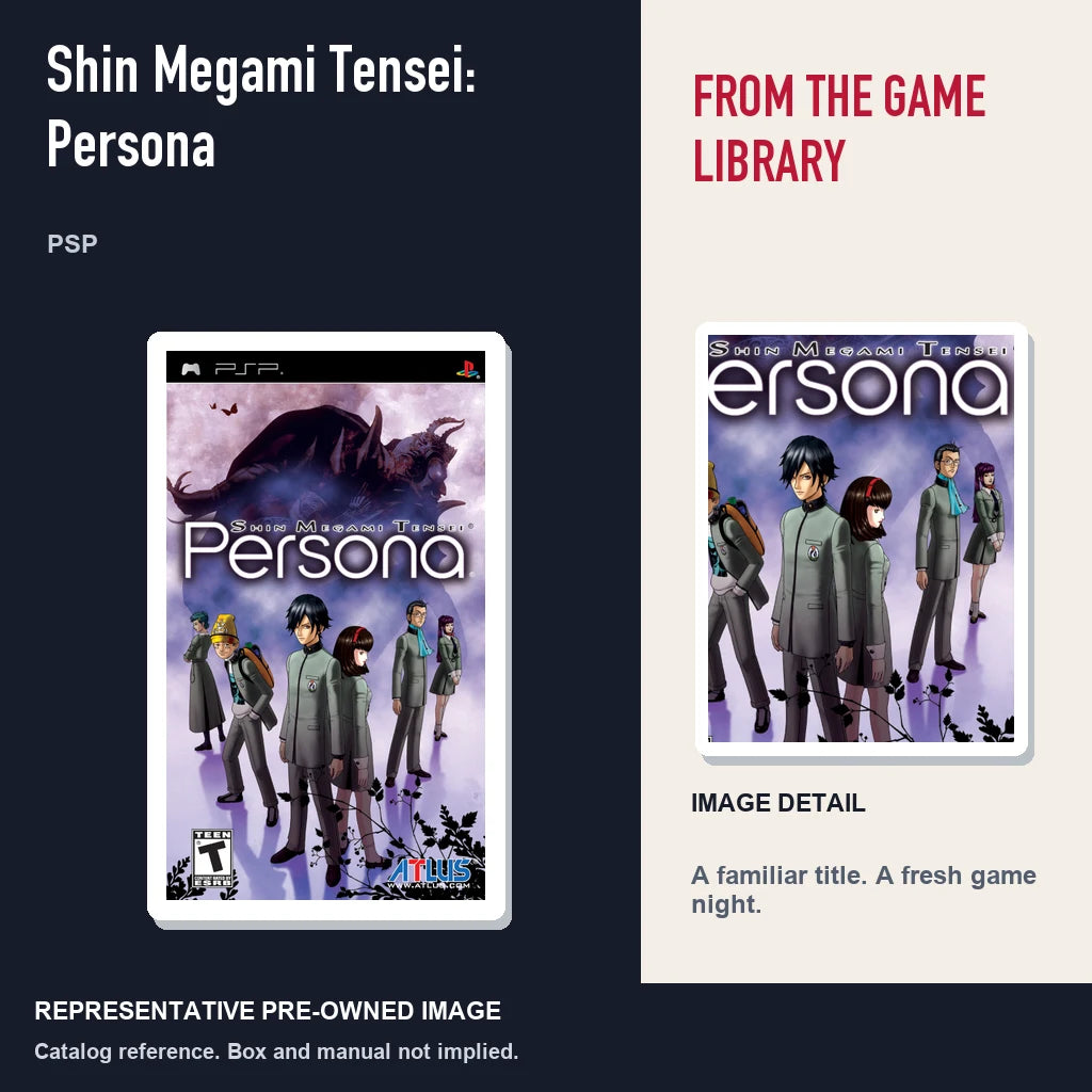 Representative pre-owned Shin Megami Tensei: Persona (PSP), editorial image and detail.