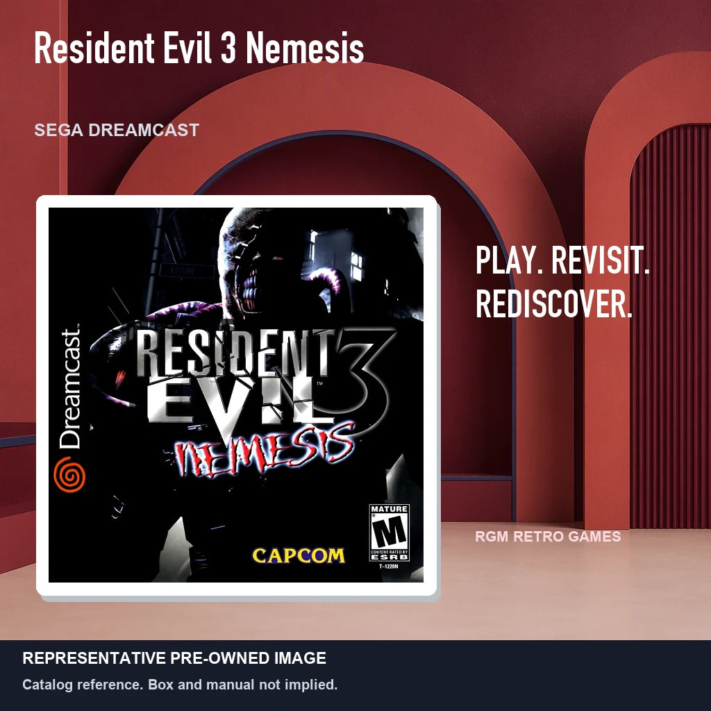 Representative pre-owned Resident Evil 3 Nemesis (Sega Dreamcast), red retro product layout.