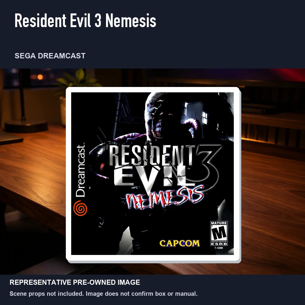 Representative pre-owned Resident Evil 3 Nemesis (Sega Dreamcast), product image in a styled desk scene.