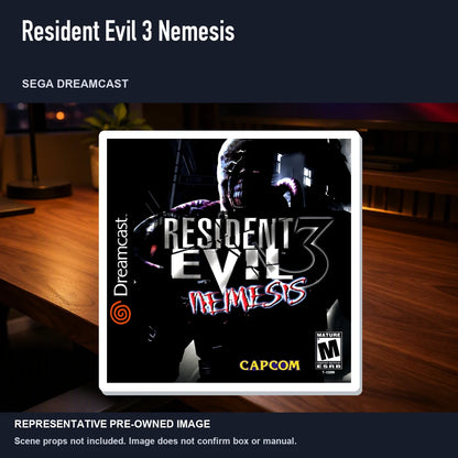 Representative pre-owned Resident Evil 3 Nemesis (Sega Dreamcast), product image in a styled desk scene.