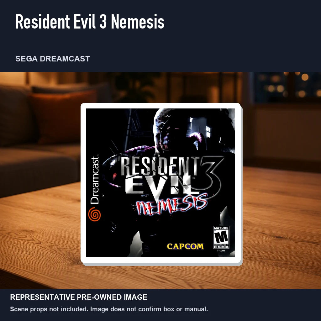 Representative pre-owned Resident Evil 3 Nemesis (Sega Dreamcast), product image in a styled room scene.