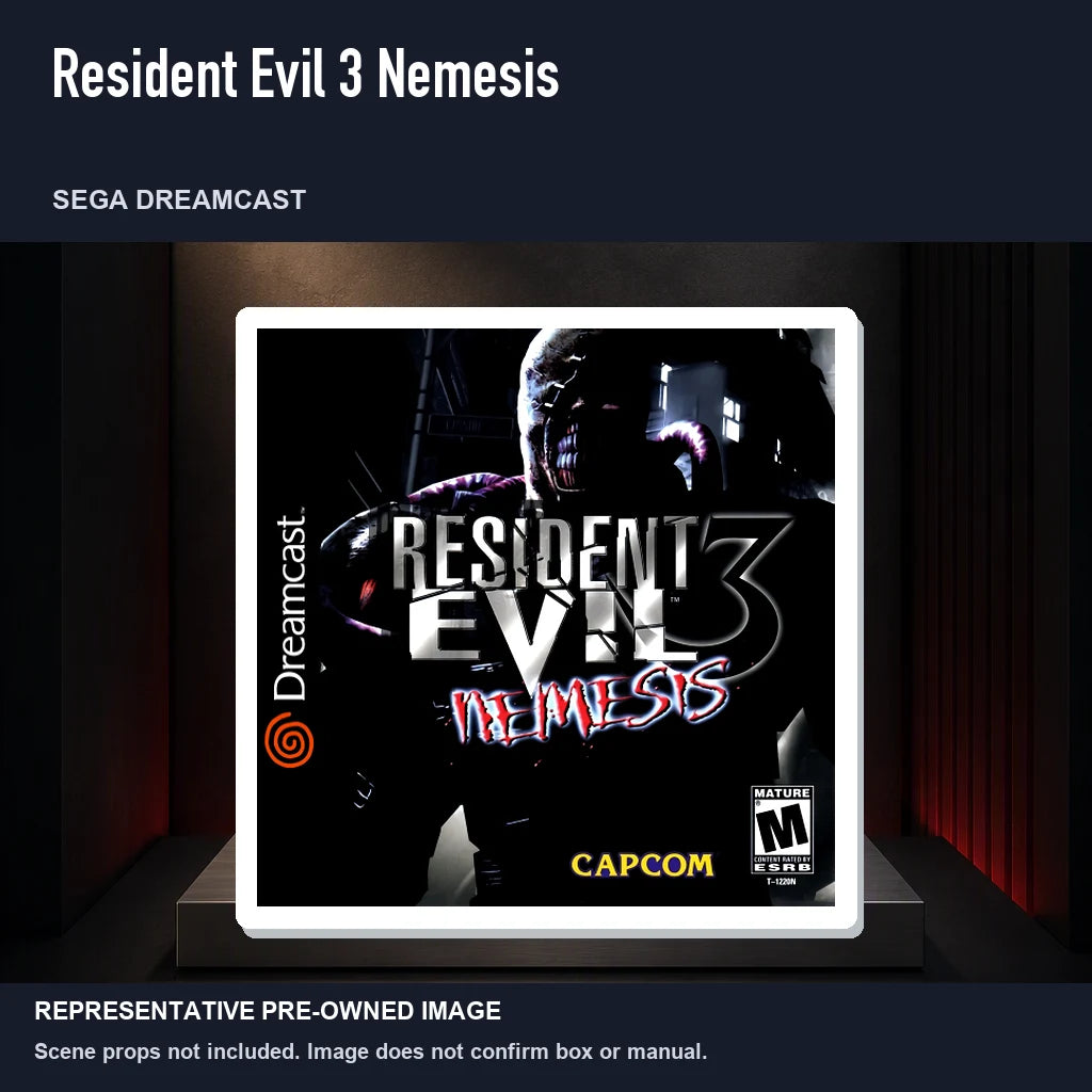 Representative pre-owned Resident Evil 3 Nemesis (Sega Dreamcast), product image on a display panel.