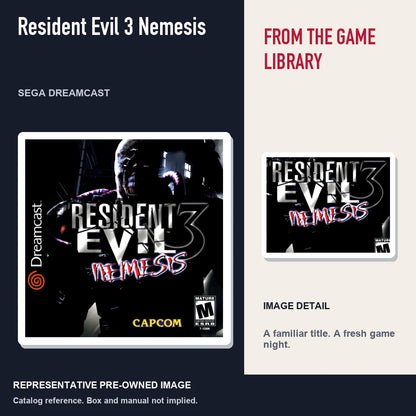 Representative pre-owned Resident Evil 3 Nemesis (Sega Dreamcast), editorial image and detail.