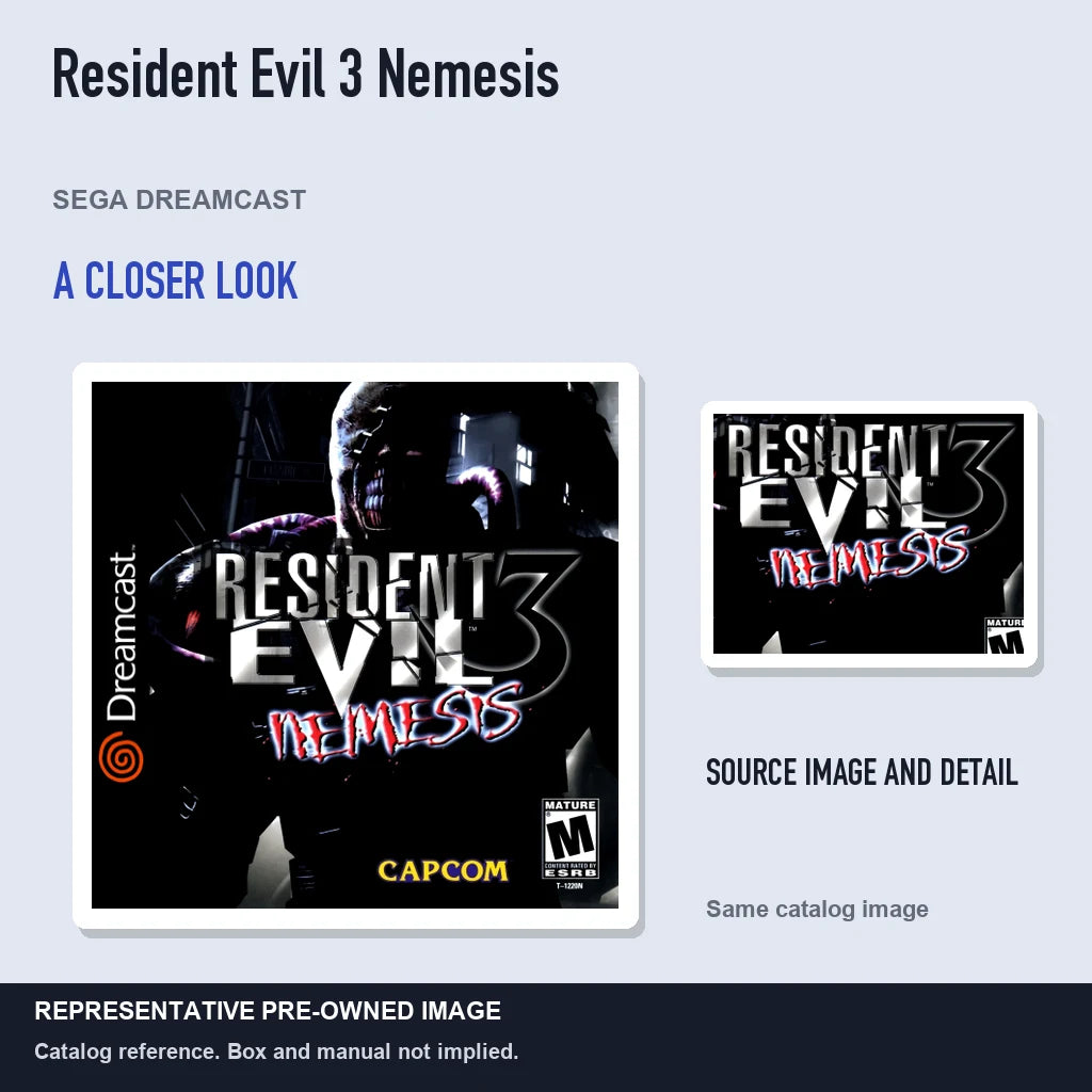 Representative pre-owned Resident Evil 3 Nemesis (Sega Dreamcast), full image with detail inset.