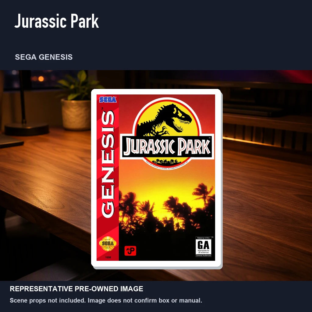 Representative pre-owned Jurassic Park (Sega Genesis), product image in a styled desk scene.
