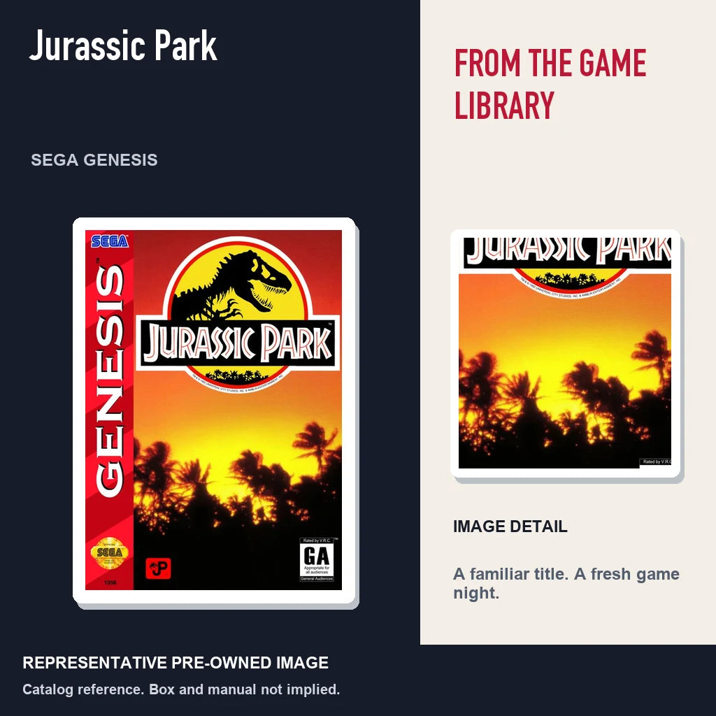 Representative pre-owned Jurassic Park (Sega Genesis), editorial image and detail.