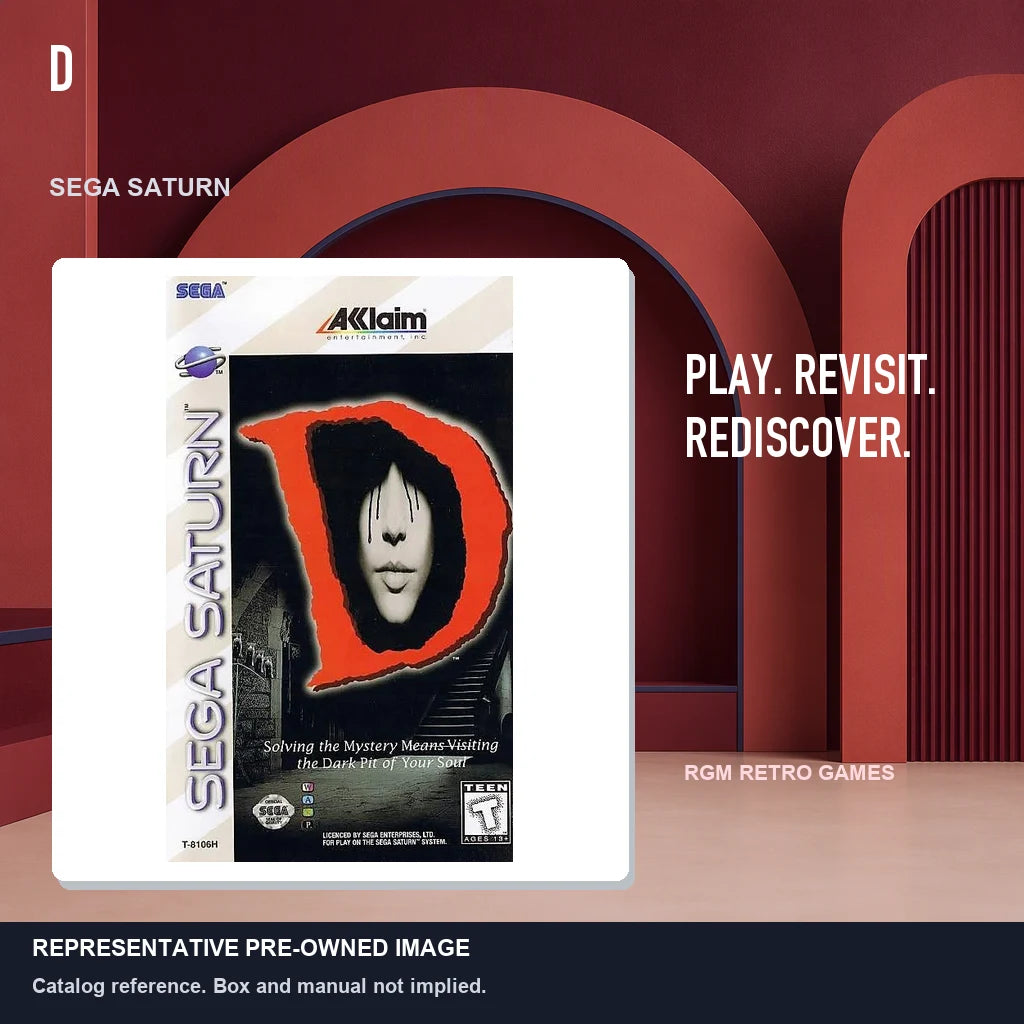 Representative pre-owned D (Sega Saturn), red retro product layout.