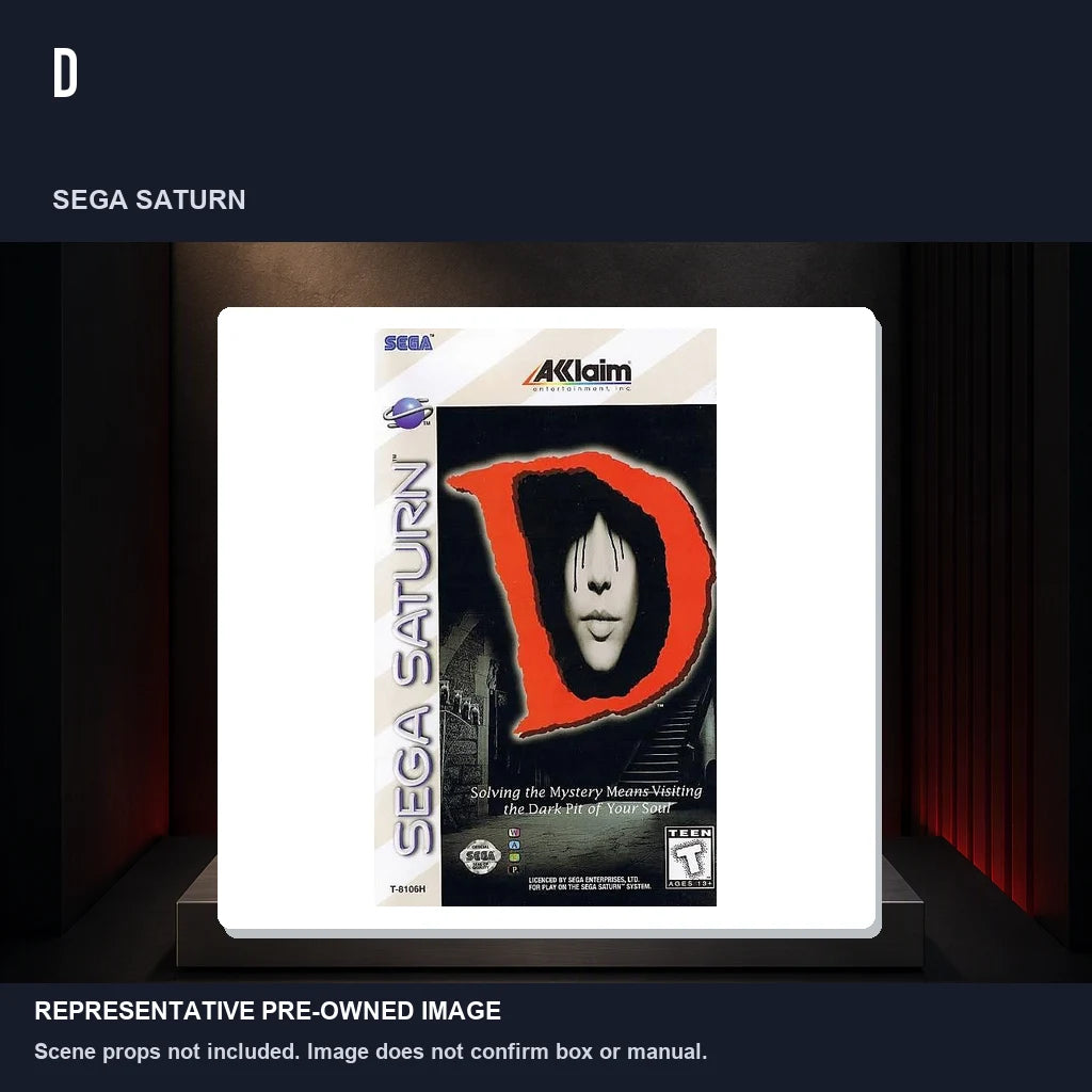 Representative pre-owned D (Sega Saturn), product image on a display panel.
