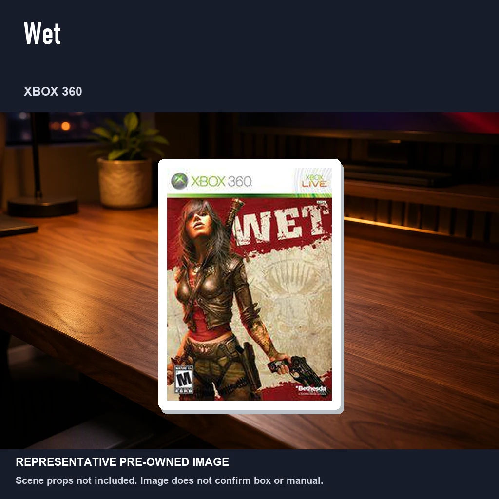 Representative pre-owned Wet (Xbox 360), product image in a styled desk scene.
