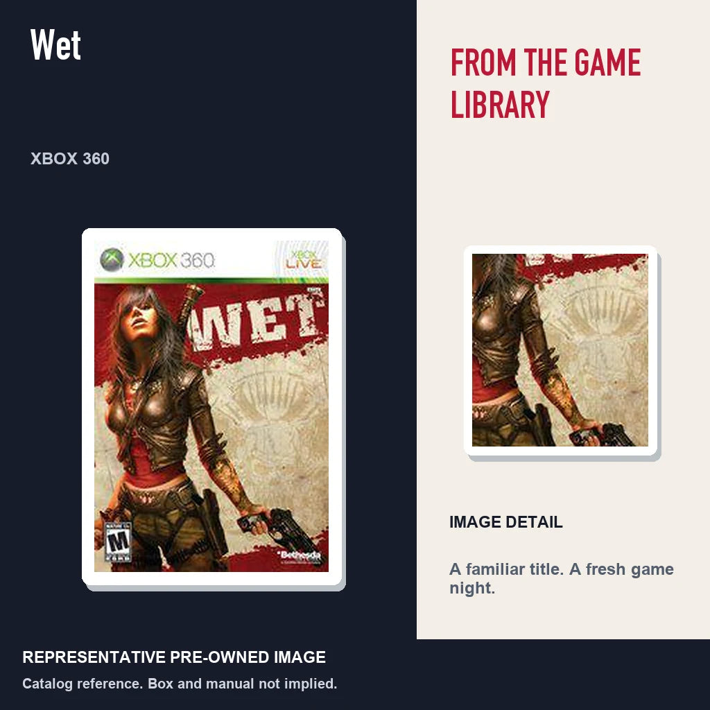Representative pre-owned Wet (Xbox 360), editorial image and detail.