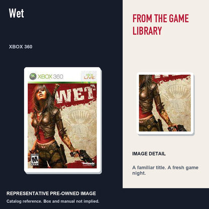 Representative pre-owned Wet (Xbox 360), editorial image and detail.