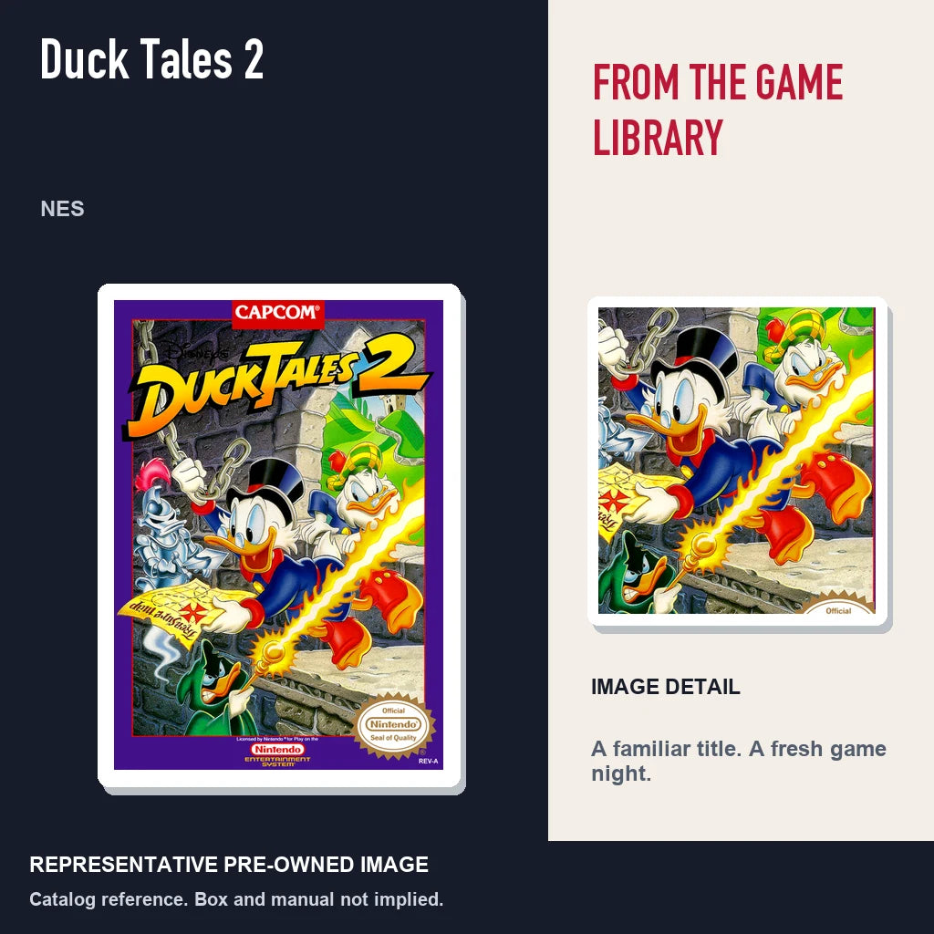 Representative pre-owned Duck Tales 2 (NES), editorial image and detail.