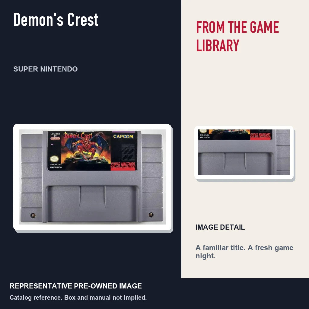 Representative pre-owned Demon's Crest (Super Nintendo), editorial image and detail.