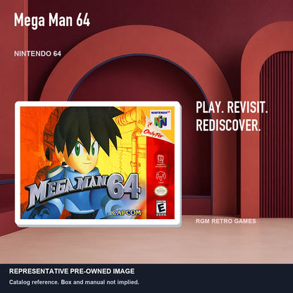 Representative pre-owned Mega Man 64 (Nintendo 64), red retro product layout.