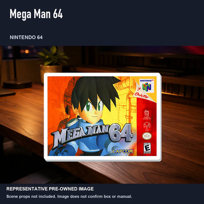 Representative pre-owned Mega Man 64 (Nintendo 64), product image in a styled desk scene.