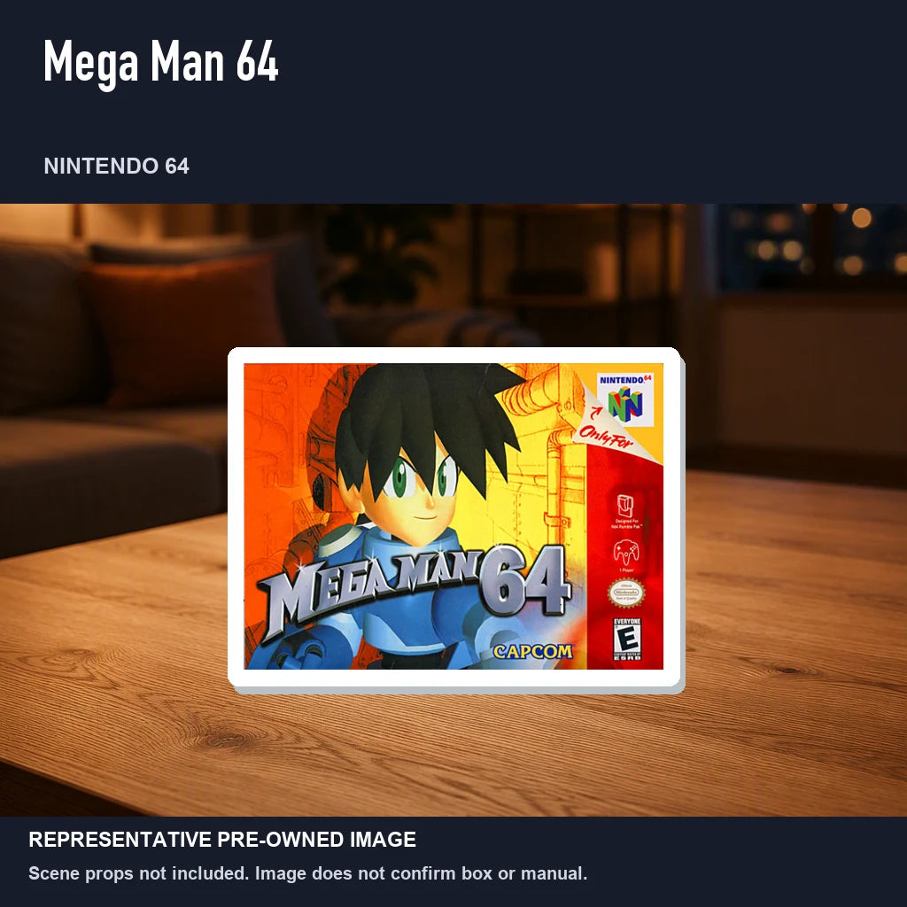 Representative pre-owned Mega Man 64 (Nintendo 64), product image in a styled room scene.