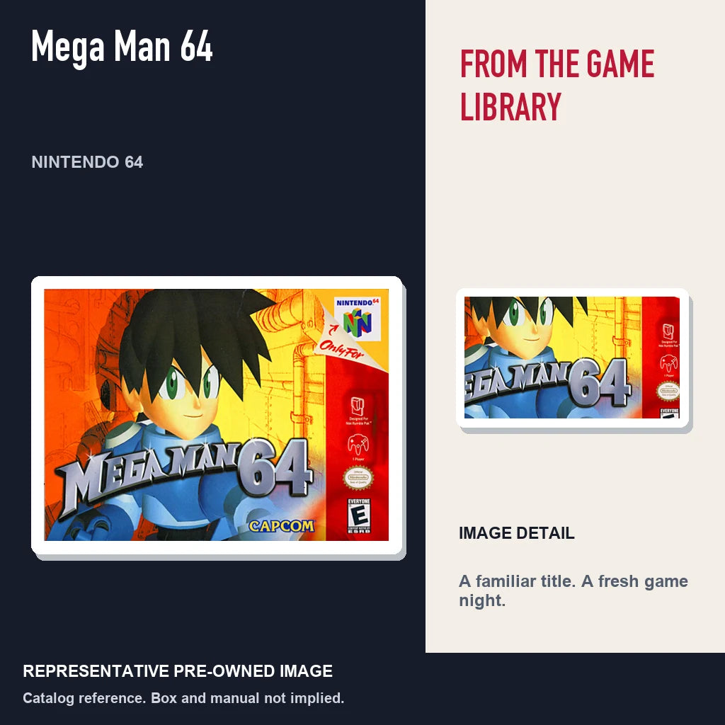 Representative pre-owned Mega Man 64 (Nintendo 64), editorial image and detail.