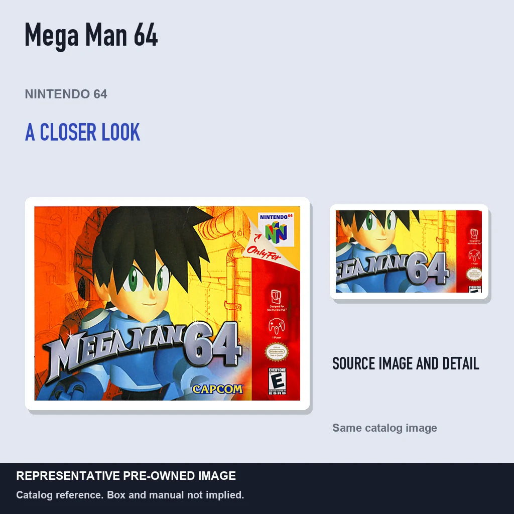 Representative pre-owned Mega Man 64 (Nintendo 64), full image with detail inset.