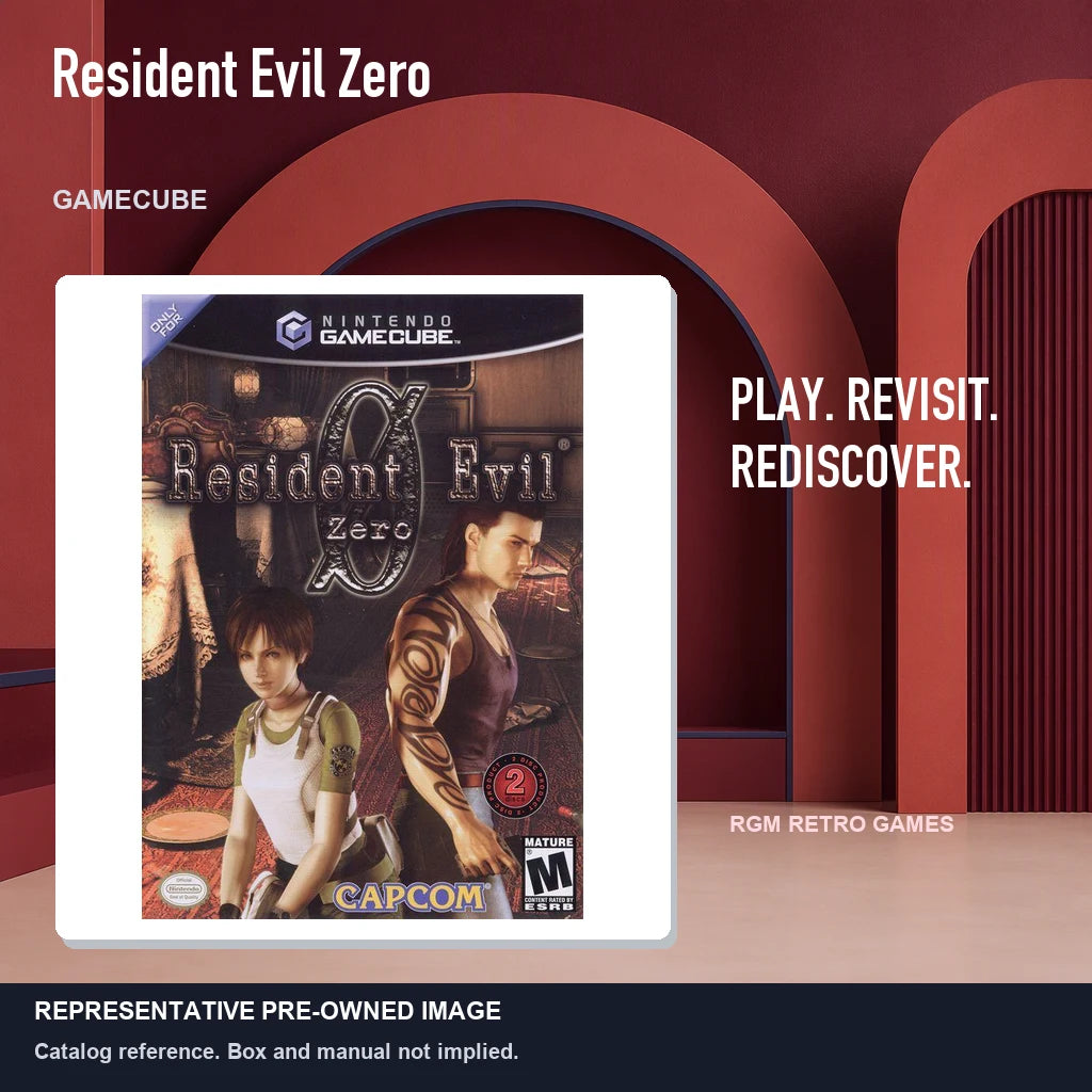 Representative pre-owned Resident Evil Zero (GameCube), red retro product layout.