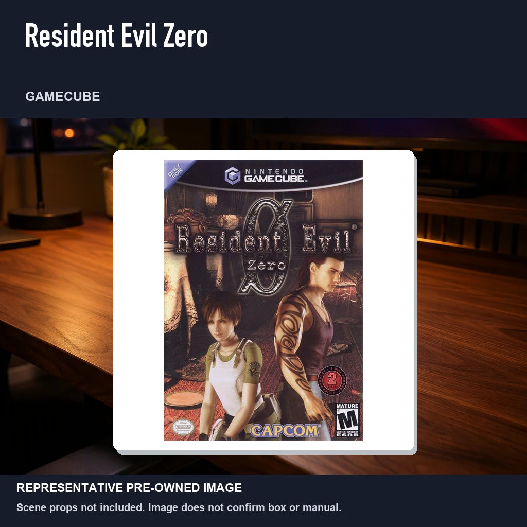 Representative pre-owned Resident Evil Zero (GameCube), product image in a styled desk scene.