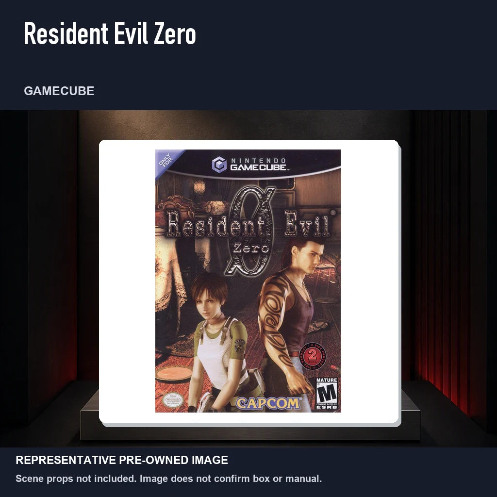 Representative pre-owned Resident Evil Zero (GameCube), product image on a display panel.
