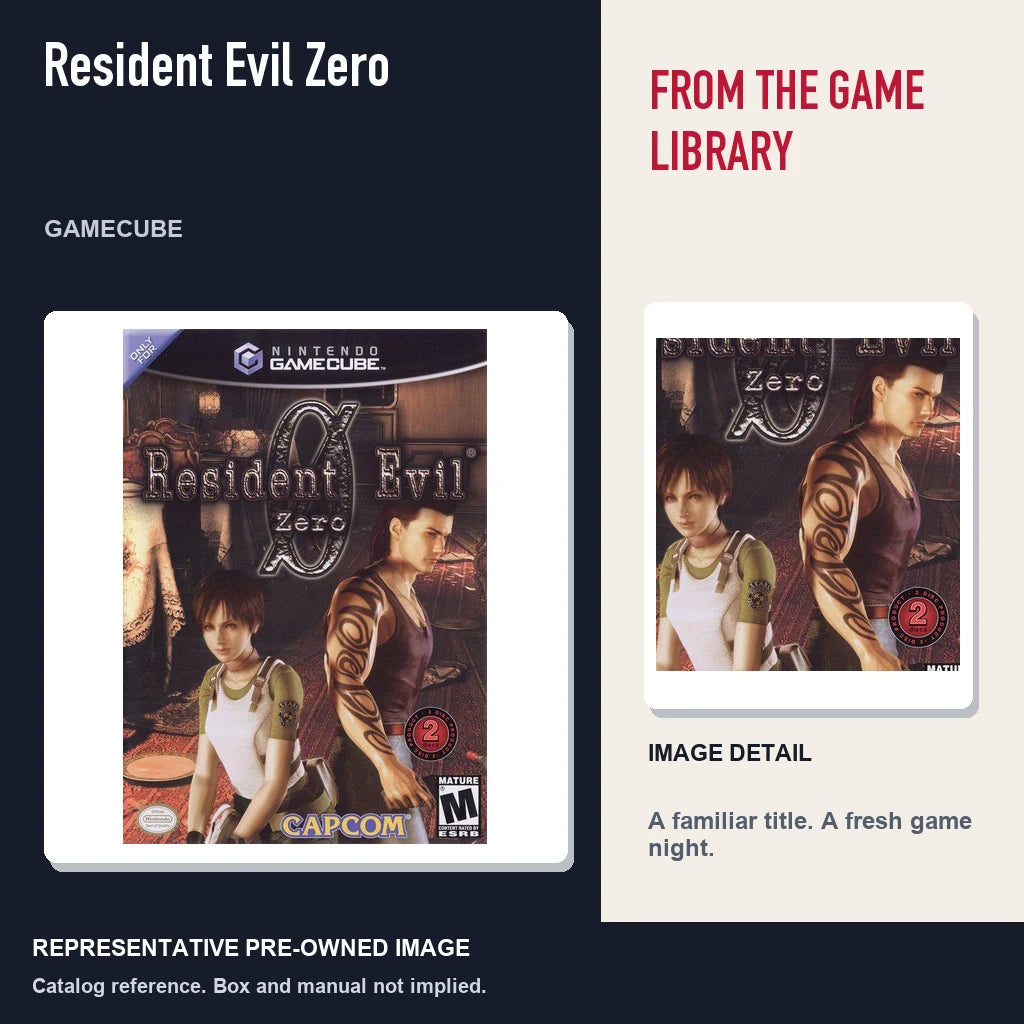 Representative pre-owned Resident Evil Zero (GameCube), editorial image and detail.