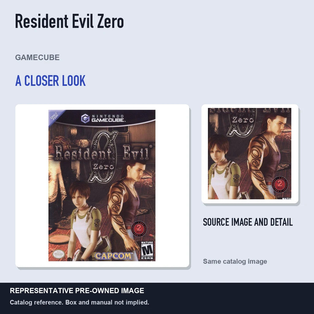 Representative pre-owned Resident Evil Zero (GameCube), full image with detail inset.