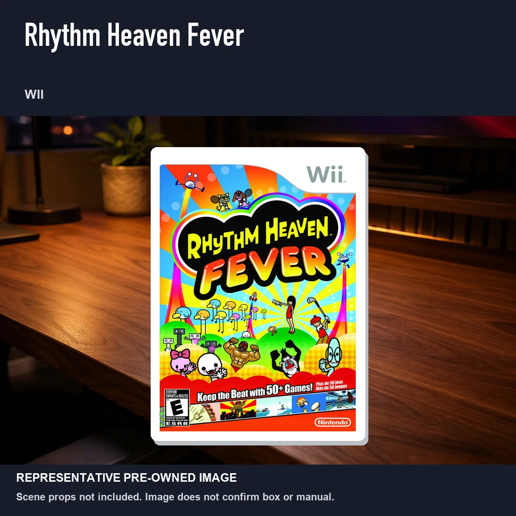 Representative pre-owned Rhythm Heaven Fever (Wii), product image in a styled desk scene.