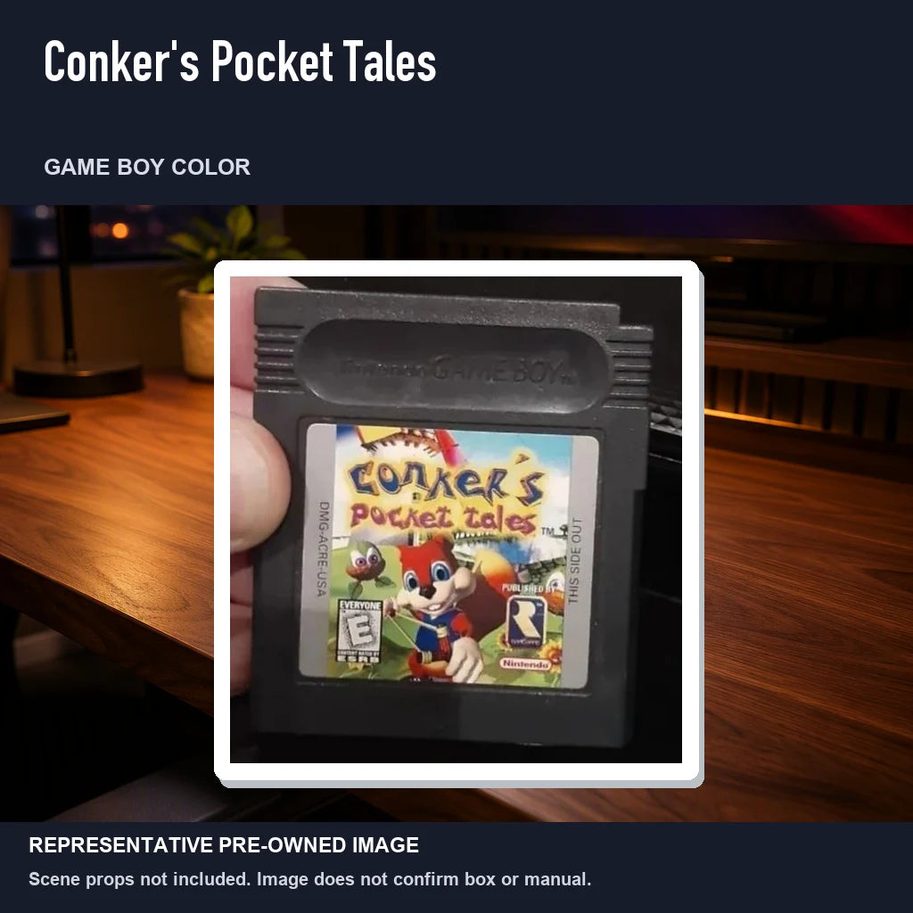 Representative pre-owned Conker's Pocket Tales (Game Boy Color), product image in a styled desk scene.