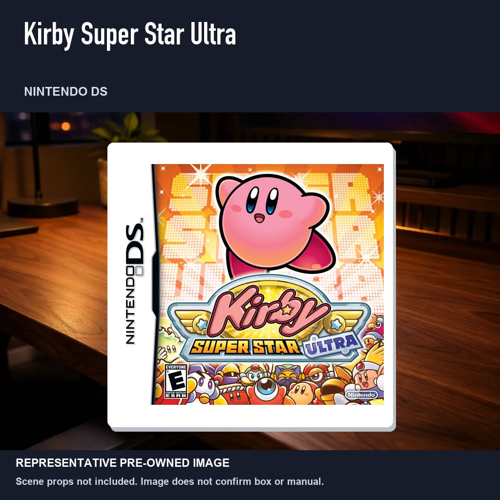 Representative pre-owned Kirby Super Star Ultra (Nintendo DS), product image in a styled desk scene.