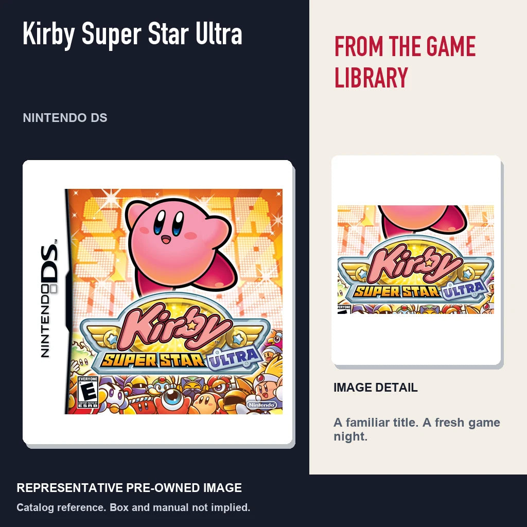 Representative pre-owned Kirby Super Star Ultra (Nintendo DS), editorial image and detail.