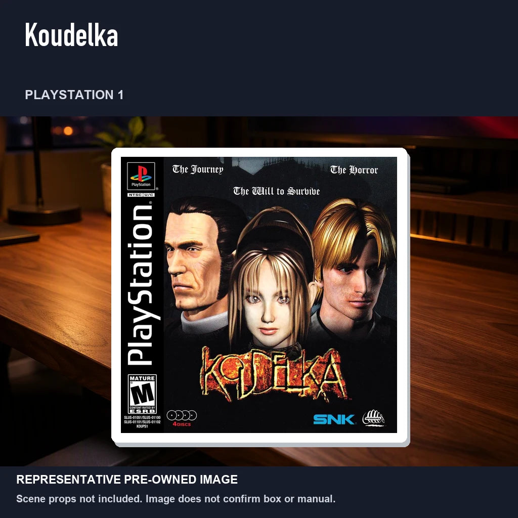 Representative pre-owned Koudelka (PlayStation 1), product image in a styled desk scene.