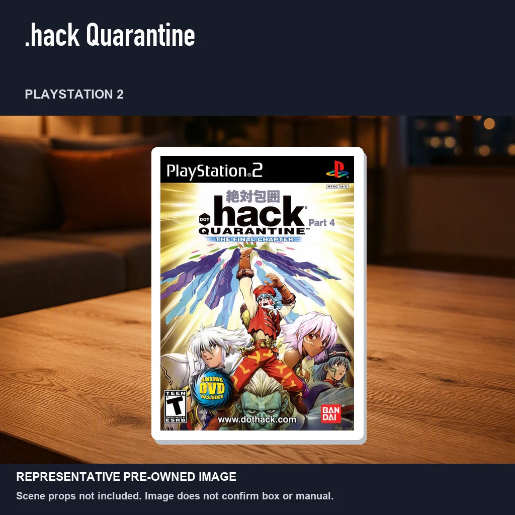Representative pre-owned .hack Quarantine (PlayStation 2), product image in a styled room scene.