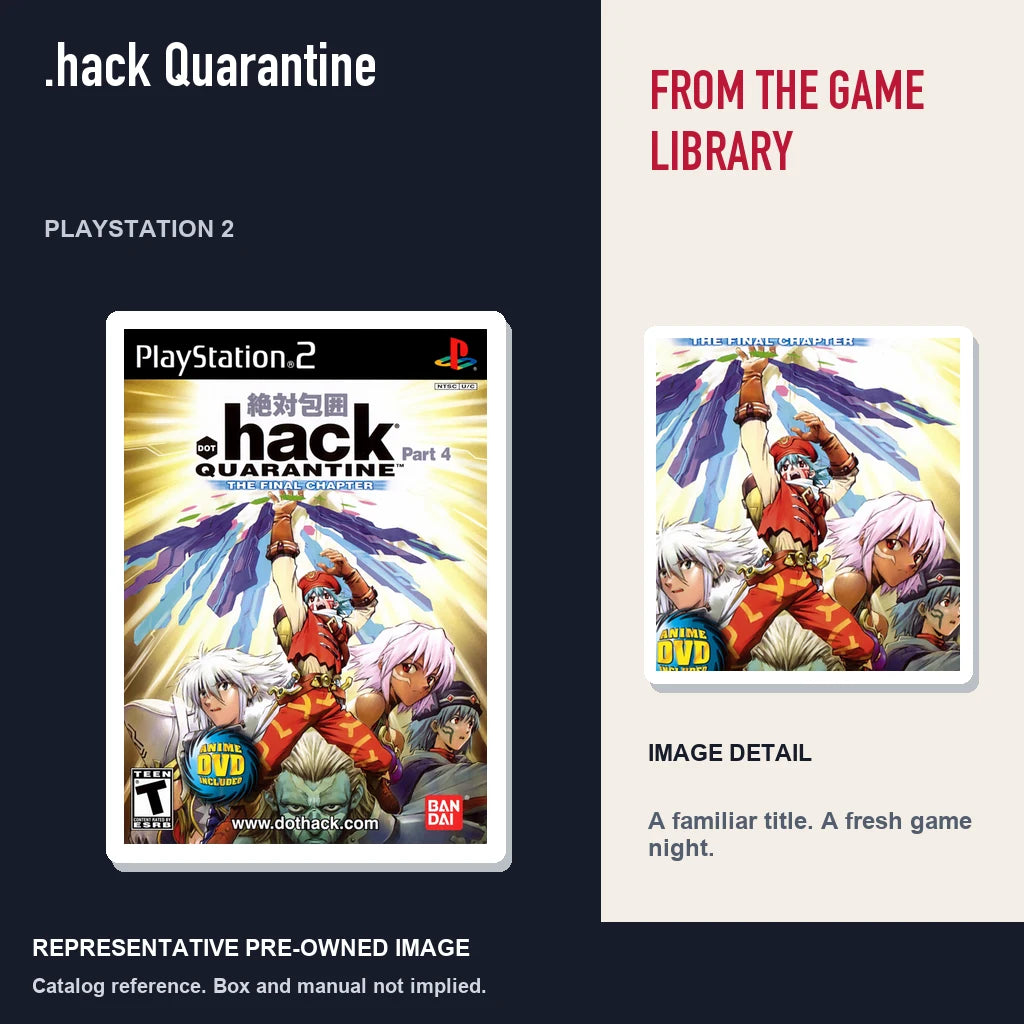 Representative pre-owned .hack Quarantine (PlayStation 2), editorial image and detail.