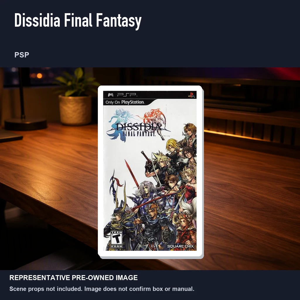 Representative pre-owned Dissidia Final Fantasy (PSP), product image in a styled desk scene.