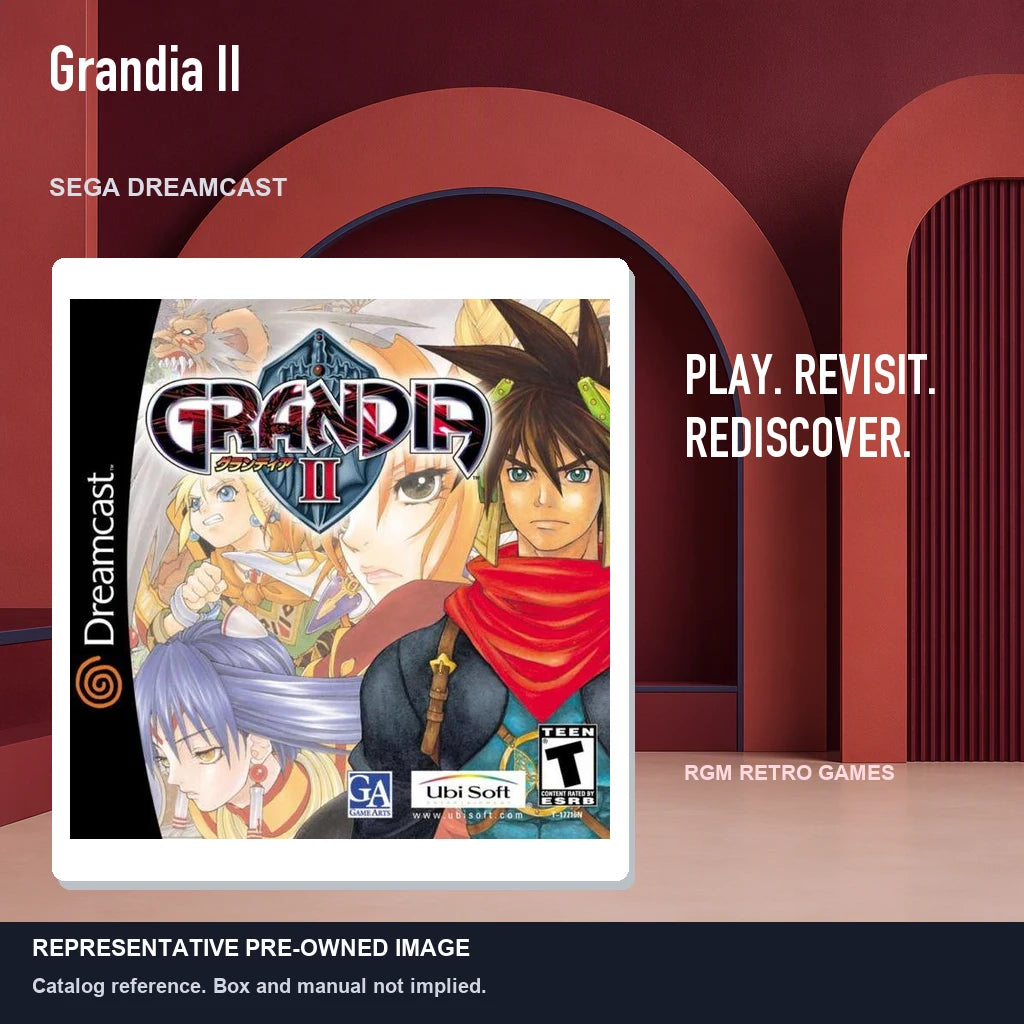 Representative pre-owned Grandia II (Sega Dreamcast), red retro product layout.