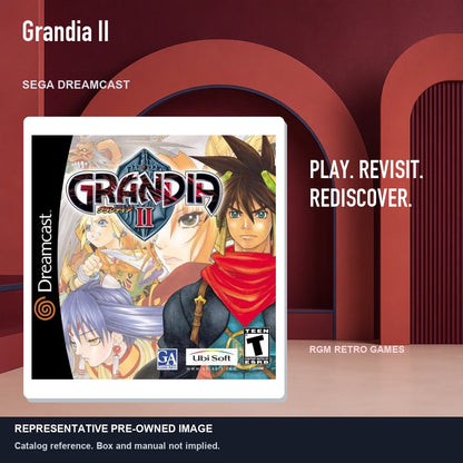 Representative pre-owned Grandia II (Sega Dreamcast), red retro product layout.